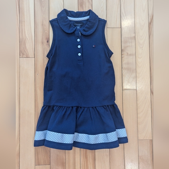 Navy Sleeveless Dress with Polka Dot Trim - Picture 1 of 5
